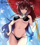  bikini black_bikini brown_hair hand_on_hip headgear kantai_collection long_hair looking_at_viewer navel red_eyes red_umbrella rinaka_moruchi side-tie_bikini sketch solo swimsuit twitter_username umbrella very_long_hair yamato_(kantai_collection) 