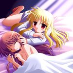  2girls artist_request bed blanket blonde_hair blush brown_hair couple fate_testarossa female long_hair looking_at_another lying lyrical_nanoha mahou_senki_lyrical_nanoha_force mahou_shoujo_lyrical_nanoha mahou_shoujo_lyrical_nanoha_strikers mahou_shoujo_lyrical_nanoha_vivid multiple_girls nude pajamas red_eyes sagami_inumaru sleeping stroking takamachi_nanoha yuri 