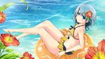  bad_id bad_pixiv_id barefoot bikini bikini_bottom bikini_top blue_eyes blue_hair collarbone earrings flower hair_flower hair_ornament hibiscus innertube jewelry mahou_shoujo_madoka_magica midriff miki_sayaka navel shiina_kuro smile solo swimsuit wet 