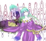  2girls aqua_hair artist_request bare_shoulders breasts clone collarbone drawcia drawcia_soul dress earrings ghost gold_eyes goo_girl gradient_hair green_hair jewelry kirby_(series) kirby_canvas_curse long_hair monster monster_girl multicolored_hair multiple_girls nintendo pale_skin personification purple_hair tiara yellow_eyes 