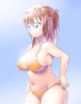  adjusting_clothes adjusting_swimsuit aqua_eyes bare_shoulders bikini breasts brown_hair cleavage copyright_request cowboy_shot gradient gradient_background large_breasts navel one_side_up onsoku_maru orange_bikini plump simple_background solo strap_gap swimsuit thighs 