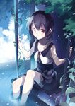  absurdres black_hair cloud highres original plant red_eyes school_uniform serafuku short_hair sitting skirt sky smile soaking_feet solo u35 vines water 