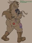 &lt;3 back_turned bandanna beard biceps big_butt boots bulge butt clothing equine facial_hair grin hands_on_hips horse juano looking_at_viewer male mammal muscles plain_background pose presenting solo tattoo text underwear 