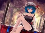  blue_hair camisole hand_on_own_knee hat looking_at_viewer pink_eyes remilia_scarlet rinaka_moruchi short_hair sitting sketch solo strap_slip touhou 