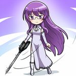  akame_ga_kill! boots breasts chibi cleavage cleavage_cutout detached_sleeves dress glasses long_dress long_hair medium_breasts minagi_(gogogo) oversized_object purple_eyes purple_hair scissors semi-rimless_eyewear sheele side_slit solo thighhighs under-rim_eyewear weapon white_legwear 