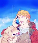  blonde_hair blue_eyes cellphone dog iphone jacket john_(tiger_&amp;_bunny) keith_goodman mamemo_(daifuku_mame) phone red_jacket smartphone tiger_&amp;_bunny 