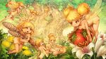 barefoot basket blonde_hair butt carrying dandelion dragon&#039;s_crown dress eyes_closed fairy fairy_wings female flower flying food fruit group hair happy laugh lily_(flower) long_hair midair nature official_art open_mouth orange_eyes pigtails pinecone pointy_ears ponytail shigatake short_hair sitting sleeping smile strawberry tree wings 