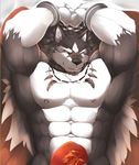  2014 abs anthro big_muscles bulge canine fur handcuffs lokya looking_at_viewer male mammal muscles scar shackles smile solo wolf 