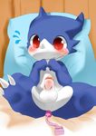  anal_toying balls bed big_eyes blush colored digimon dragon exposed leaning leaning_back looking_at_viewer male moki on_bed penis pillow red_eyes retracted_foreskin scalie sex_toy shy solo uncut veemon vibrator 