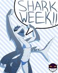  anthro bikini breasts dialog female fins fish jumping marine noiz open_mouth plain_background shark shark_week small_breasts solo stripes swimsuit teeth text tiger_shark tiger_stripes yelling 