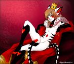  &lt;3 2011 abstract_background brown_hair cape chair club crown diamond feline gambling gold gold_chain hair lounging majime male mammal nipples nude solo spade sparkle striped_tail tiger weapon white_tiger yellow_eyes 