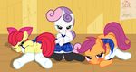  absurd_res anus apple_bloom_(mlp) butt clothed clothing cub cutie_mark_crusaders_(mlp) datphotoshopdoeee! edit equine female feral friendship_is_magic group hair half-closed_eyes hi_res horn horse looking_at_viewer lying mammal masturbation my_little_pony on_stomach one_eye_closed pegasus pony pussy pyruvate school_uniform schoolgirl_uniform scootaloo_(mlp) take_your_pick tongue two_tone_hair wings young 