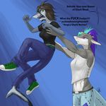  2014 angry anthro breasts clothed clothing duo ear_piercing english_text evelyn female fin fish green_eyes hair hi_res holding ldr long_hair lucine marine open_mouth piercing purple_eyes shark sharp_teeth short_hair teeth text 