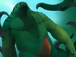  2014 anthro biceps dota_2 fishbook5 fundles green_body grin leviathan_the_tidehunter looking_at_viewer looking_down male muscles navel penis solo tentacles tidehunter valve yellow_eyes 