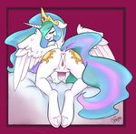  2014 abstract_background all_fours anthro anthrofied anus bed bedroom_eyes butt clitoris cutie_mark equine female friendship_is_magic fur hair half-closed_eyes hooves horn long_hair looking_at_viewer looking_back mammal multi-colored_hair my_little_pony nude on_bed princess_celestia_(mlp) purple_eyes pussy skuttz smile solo underhoof white_fur winged_unicorn wings 