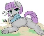  ? butt clothing earth_pony equine featureless_crotch feral friendship_is_magic fur grass green_eyes grey_fur hair horse looking_at_viewer looking_back lying mammal maud_pie_(mlp) my_little_pony pony purple_hair rock shepherd0821 solo 