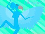 ambiguous_gender anthro avian beak blue_feathers blue_hair blue_skin breasts feather_hair green_background hair nude palmtree-777 plain_background solo striped_background wings 