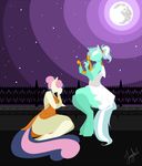  2014 anthro anthrofied blue_hair bonbon_(mlp) clothing dress duo earth_pony equine female friendship_is_magic green_hair hair horn horse jooughust lyra_heartstrings_(mlp) lyre mammal moon musical_instrument my_little_pony night outside pink_hair pony sitting stars unicorn white_hair 