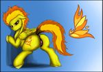  abstract_background anus back_turned bedroom_eyes butt clitoris cutie_mark equine exelzior-maximus feathers female friendship_is_magic fur hair hooves looking_at_viewer mammal my_little_pony orange_eyes orange_hair pegasus presenting presenting_hindquarters pussy raised_tail smile solo spitfire_(mlp) two_tone_hair wings wonderbolts_(mlp) yellow_fur 