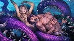  afro bracelet breasts brown_hair bubble distress dragon&#039;s_crown drowning duo female hair happy human jewelry male mammal monster monster_girl open_mouth pain purple_eyes purple_scales scared spikes tentacles topless underwater unknown_artist water 