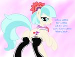  abstract_background absurd_res back_turned bedroom_eyes blue_eyes blue_hair butt clitoris coco_pommel_(mlp) cutie_mark equine female feral friendship_is_magic fur hair hi_res hooves horse innuendo legwear looking_at_viewer looking_back mammal my_little_pony open_mouth pony presenting presenting_hindquarters pussy raised_tail sct-trigger1221 solo stockings text tongue tongue_out two_tone_hair 