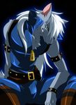  2012 belt black_nose blue_eyes boots bracelet canine claws clothing feral fur grey_fur hair inumania jewelry jumpsuit long_hair looking_at_viewer male mammal sitting smile smile_pretty_cure solo white_hair wolf wolfrun zipper 