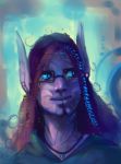  abstract_background bioluminescence commander_ledi commander_ledi_(character) ear_piercing eyewear fern flora_fauna glasses glowing guild_wars hair humanoid jewelry long_hair necklace not_furry piercing plant purple_body purple_hair scar smile solo sylvari video_games 