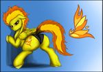 abstract_background back_turned bedroom_eyes clothing cutie_mark equine exelzior-maximus feathers female feral friendship_is_magic fur hair hooves looking_at_viewer mammal my_little_pony orange_eyes orange_hair panties pegasus raised_tail seductive smile solo spitfire_(mlp) two_tone_hair underwear wings wonderbolts_(mlp) yellow_fur 