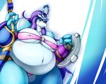  2014 anthro big_breasts breasts chubby clothed clothing day-t erect_nipples female hair navel nintendo nipples overweight pok&eacute;mon pok&eacute;morph purple_hair red_eyes shield solo suicune sword video_games weapon 