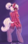  &lt;3 abstract_background anthro back_turned bedroom_eyes breasts cutie_mark equine female fur hair hooves horse justpony legwear looking_at_viewer looking_back mammal my_little_pony original_character outline pony presenting pussy red_eyes red_fur smile solo standing stockings text white_hair 