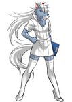  anthro black_nose blue_eyes canine clipboard crossdressing hair high_heels inumania legwear long_hair male mammal nurse nurse_uniform smile_pretty_cure solo stockings white_hair wolf wolfrun 