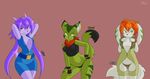  2014 anthro arms_behind_head breasts canine carol cat clothed clothing dragon erect_nipples feline female freedom_planet green_eyes hair helsy hi_res horn lilac long_hair mammal milla nipples plain_background presenting 