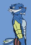  abs anthro armor blue_fur clothing fangs fur looking_at_viewer male mammal muscles nintendo pink_nose pok&eacute;mon pok&eacute;morph red_eyes samurott side_view solo tail_fin tuft underwear video_games white_fur 