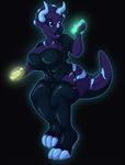  2014 anthro anuvia big_breasts black_background breasts bulge clothed clothing dickgirl dinosaur glowing horn intersex legwear nipples plain_background sauropod scalie solo standing stockings 