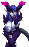  2018 alpha_channel ambiguous_fluids bent_over big_breasts black_sclera breasts digimon fan_character finger_lick furball hair horn humanoid licking looking_at_viewer navel purple_hair simple_background succubamon tongue tongue_out transparent_background yellow_eyes 