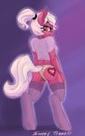  &lt;3 abstract_background anthro back_turned bedroom_eyes clothed clothing cutie_mark equine female fur hair hooves horse justpony legwear looking_at_viewer looking_back mammal my_little_pony original_character outline panties pony presenting red_eyes red_fur shirt smile solo standing stockings text underwear white_hair 