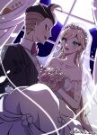  1boy 1girl absurdres backlighting bangs black_hair black_suit blonde_hair blue_eyes blush bouquet bow bowtie carrying cham-p commentary_request couple curtains danganronpa_(series) danganronpa_2:_goodbye_despair dress dudeoji_(dotheg_ansoni) earrings elbow_gloves eyebrows_visible_through_hair feet_out_of_frame flower formal full_moon gloves grey_hair hair_flower hair_ornament hamster happy headdress hetero highres indoors jewelry jum-p korean_commentary long_hair looking_at_another maga-g moon night night_sky open_mouth pink_flower pink_rose princess_carry purple_bow purple_bowtie red_eyes rose sky smile sonia_nevermind suit sun-d swept_bangs tanaka_gandamu teeth tuxedo upper_body upper_teeth veil wedding_dress white_dress white_gloves white_headdress 