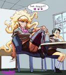  blonde_hair blue_eyes blush chair classroom crossed_legs crossover desk diepod english genocyde_(diepod) grin messy_hair midriff multiple_girls rape_face school_desk school_uniform schoolgirls_love_tentacles short_sleeves sitting smile solo_focus tentacle_hair thighhighs zettai_ryouiki 