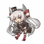 amatsukaze_(kantai_collection) brown_eyes chibi choker dress garter_straps hair_ornament hair_tubes hairband itsukia kantai_collection long_hair looking_at_viewer machinery open_mouth rensouhou-kun revision sailor_dress short_dress silver_hair simple_background solo standing striped striped_legwear thighhighs two_side_up white_background zettai_ryouiki 