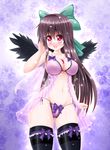  absurdres babydoll bad_id bad_pixiv_id bird_wings black_legwear black_wings blush bow bow_legwear bow_panties bra breasts brown_hair cleavage collarbone fang feathered_wings hair_bow hand_in_hair heart heart-shaped_pupils highres lace lace-trimmed_bra lace-trimmed_panties large_breasts long_hair open_mouth panties purple_background purple_panties red_eyes reiuji_utsuho revision see-through side-tie_panties skindentation solo symbol-shaped_pupils thighhighs third_eye touhou underwear underwear_only very_long_hair wings wisp_d 