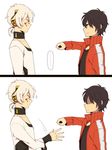  2koma black_hair bookcage comic fist_bump headphones jacket kagerou_project kisaragi_shintarou konoha_(kagerou_project) multiple_boys red_eyes shaded_face short_hair silent_comic track_jacket white_background white_hair 