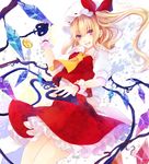  abstract_background ascot bad_id bad_pixiv_id blonde_hair character_name coin daimaou_ruaeru flandre_scarlet hat highres laevatein legs_together looking_at_viewer mob_cap nail_polish open_mouth pink_nails puffy_short_sleeves puffy_sleeves purple_eyes short_sleeves side_ponytail skirt skirt_set smile solo touhou white_background wings wrist_cuffs 