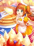  apron blue_eyes blueberry butter chika_(orange_pop) food fork fruit idolmaster idolmaster_(classic) muffin open_mouth orange_hair pancake solo strawberry takatsuki_yayoi twintails whipped_cream 