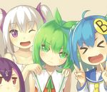  &gt;_&lt; :d ;d ahoge blue_hair borrowed_character closed_eyes double_v green_eyes green_hair hair_bobbles hair_ornament linda_b_(linda_b) lino-lin looking_at_viewer mofetousu_furuna multiple_girls one_eye_closed open_mouth original pomo_(lino-lin) purple_eyes red_eyes school_uniform serafuku short_hair silver_hair smile twintails v wavy_mouth xd 