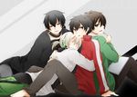  back-to-back barefoot black_hair closed_eyes dark_konoha headphones hug jacket kagerou_project kisaragi_shintarou kokonose_haruka konoha_(kagerou_project) lying_on_person multiple_boys multiple_persona notebook open_mouth pen red_eyes school_uniform short_hair sitting sleeping smile tachibana_ayame track_jacket white_hair yellow_eyes 