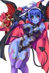  armpits astaroth_(shinrabanshou) black_sclera blue_hair blue_skin breasts cape colorized demon_tail earrings heart heart_earrings highres horns jewelry large_breasts looking_at_viewer navel purple_legwear red_wings sensei_(hitagi3594) shinrabanshou simple_background sitting solo staff tail thighhighs tsuruoka_masayoshi_to_junjou_romantica_2 white_background wings yellow_eyes 