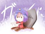  bikuseno blue_hair chibi grave hat jiangshi miyako_yoshika ofuda outstretched_arms purple_background short_hair solo star tombstone touhou zombie_pose 