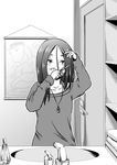  bathroom comic cutting_hair greyscale i_am_homeko jewelry kobayakawa_rinko long_hair love_plus monochrome necklace off-shoulder_sweater solo sweater 