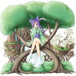  animal_ears bush cat_ears cat_tail crossed_legs flower hair_flower hair_ornament hairclip haruakira_rika in_tree japanese_clothes kimono minaha_(playjoe2005) nature obi ojou-sama_pose original purple_eyes purple_hair sash sitting sitting_in_tree smile tail tied_hair tree water 