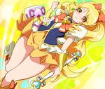  blonde_hair boots bow bowtie brooch cure_honey dutch_angle fuji_hyorone full_body hair_bow happinesscharge_precure! jewelry knee_boots long_hair magical_girl oomori_yuuko precure puffy_sleeves ribbon skirt smile solo wand wide_ponytail wrist_cuffs yellow_background yellow_eyes yellow_skirt 